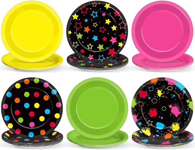 60Pcs Neon Birthday Party Plates Glow in the Dark Disposable Paper Dessert Plates for Neon Glow Birthday Decorations Party Tableware Set for Kids Back to 80S 90S Blacklight Baby Shower Supplies