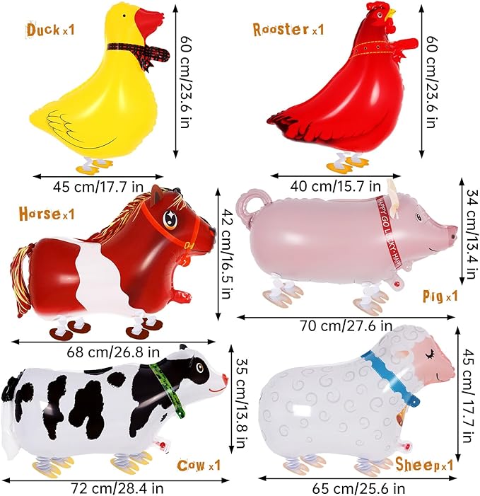 6 Pcs Walking Animal Balloons, Farm Animals Balloons, Walking Foil Mylar Balloon, Farm Birthday Decorations for Farm Theme Party Supplies (Animal)