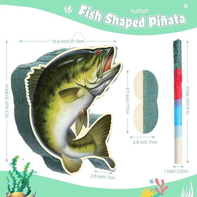 Aoriher Fishing Birthday Party Decorations Fish Piñata Fish Shaped Piñata with Blindfold and Stick for Summer Under The Sea Fishing Game Birthday Retirement Barbecue Party Supplies Decoration(Bass)