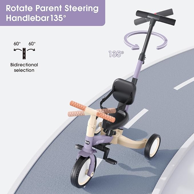 newyoo Toddler Tricycle with Push Handle for 1-3 Year Old, Toddler Bike, Birthday Toy for Boys and Girls, 5 in 1 Kids Trike, Balance Bike with Backrest and Safety Belt, Purple, TR007