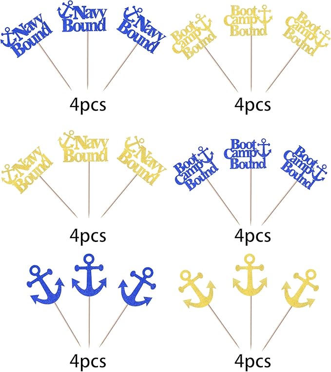 24 Pack Military Themed Cupcake Toppers Boot Camp Bound Cupcake Picks Navy Bound Themed Cupcake Decorations Welcome Ceremony Army Birthday Party Cake Decorations Supplies Blue