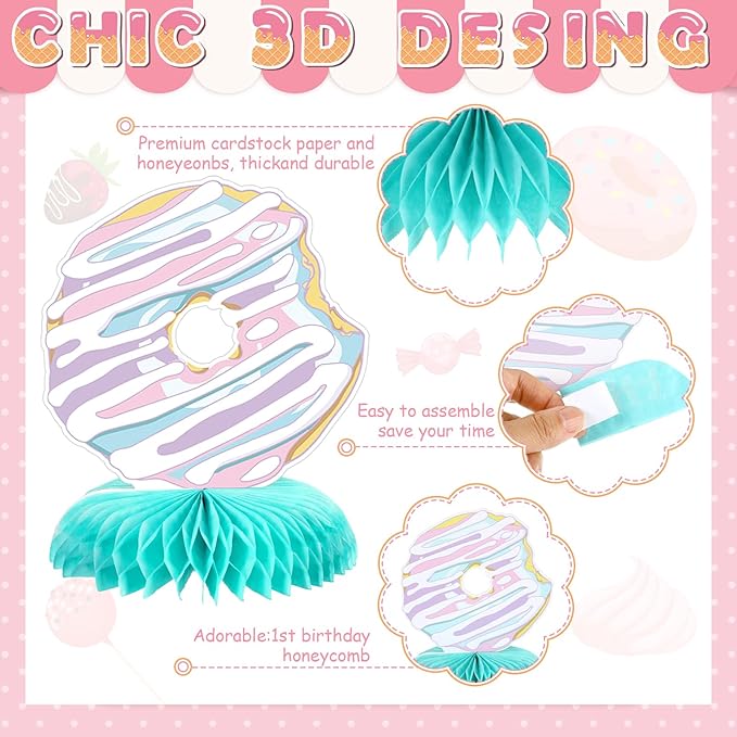 Hotop 9 Pcs Donut 1st Sweet Birthday Party Decorations One Table Honeycomb Centerpieces Table Topper First Doughnut Birthday Sign Decor for Girls Christmas Party Supplies Baby Shower