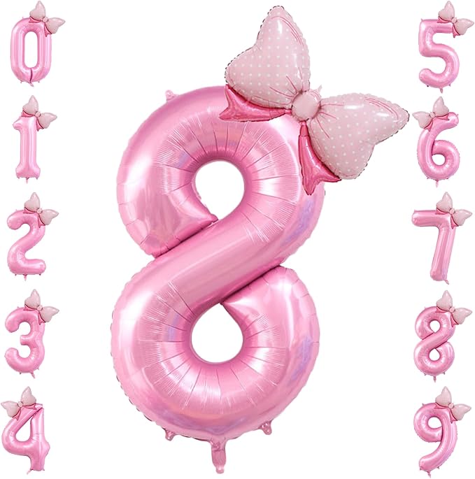 40 inch Number 8 Balloon with Bow Pink Happy Birthday Jumbo Number Balloon for Girls Daughter Birthday Decorations Party Supplies (Number 8)