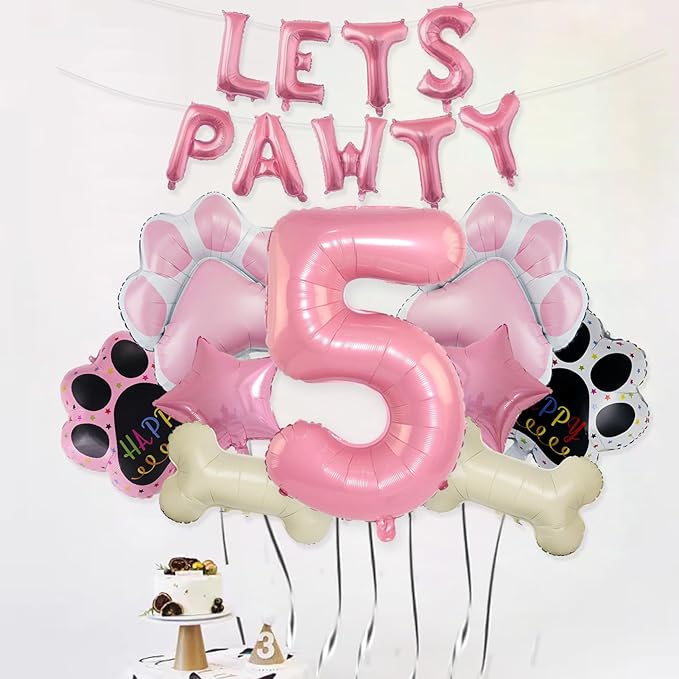 5th Dog Balloons 18pcs Lets Pawty Balloons Dog Paw Birthday Decor Pink 32 inch Pink Number Balloons 5 Mylar Foil Balloons for Lets Pawty Birthday Decorations Dog 5th Birthday Party Supplies