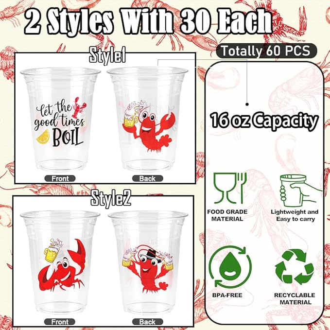 60 Pcs Crawfish Boil Cups, 16 oz Plastic Cups Disposable Party Decoration Lobster Cup Drinking Tableware for Party Supplies