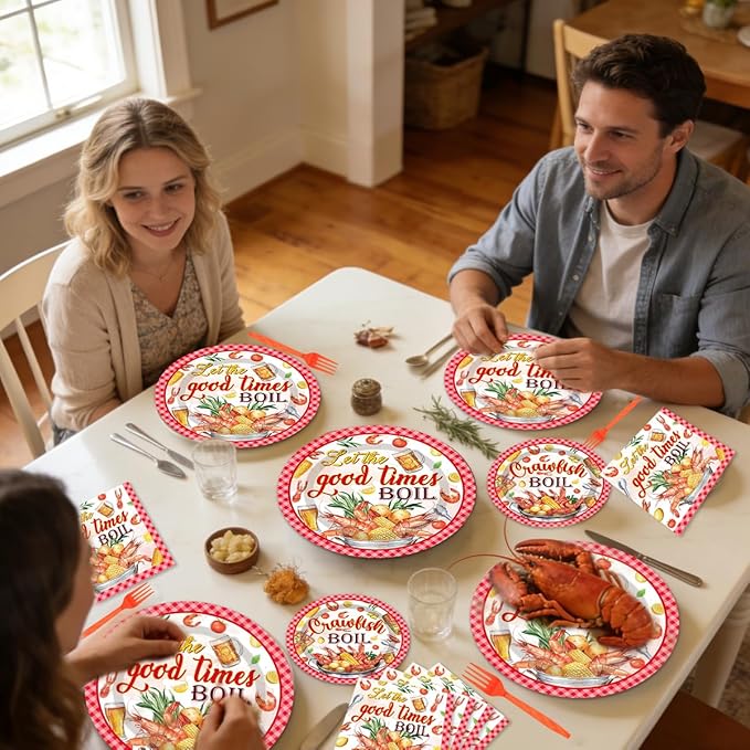 96Pcs Crawfish Boil Party Supplies Tableware Set Let The Good Times Boil Paper Plates Napkins Forks Lobster Seafood Boil Birthday Theme Party Supplies Serve 24 Guests