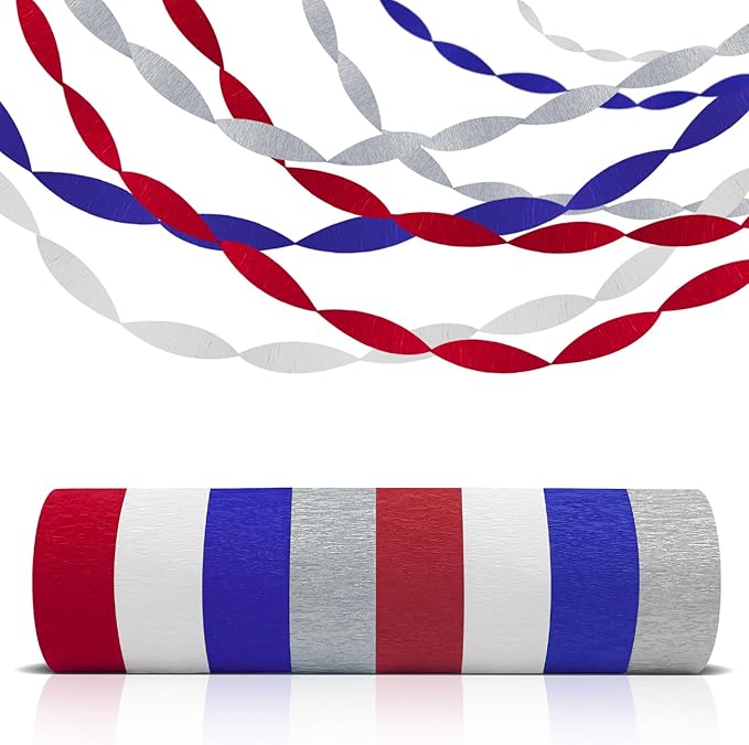 AOYOO Patriotic Crepe Paper Streamers with Tassels - 8 Rolls Red White Blue Decoration Kit for Independence Day, 4th of July, Memorial Day, USA Theme Party Supplies