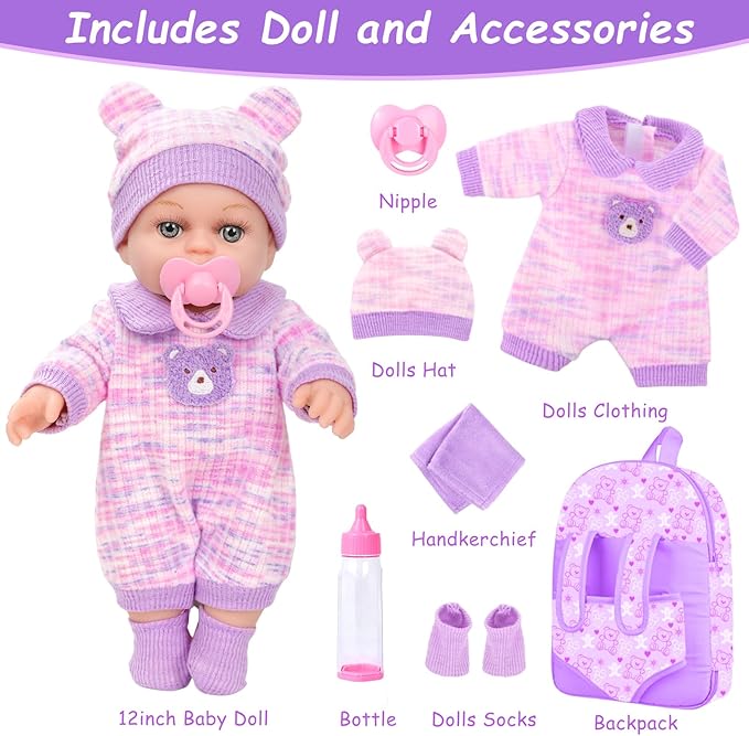 12'' Baby Doll with Bear Pattern Backpack in Gift Box,Including Clothes Accessories, Backpack, Baby Bottle, Pacifier, Hat, Socks, and Handkerchief for 3+ Child Girls Gifts