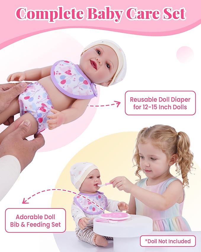 BABESIDE 11 Pcs Baby Doll Accessories Set - Baby Doll Bottles, Diapers, Pacifiers, Bib, Plate - Baby Doll Stuff & Toys for Little Girls
