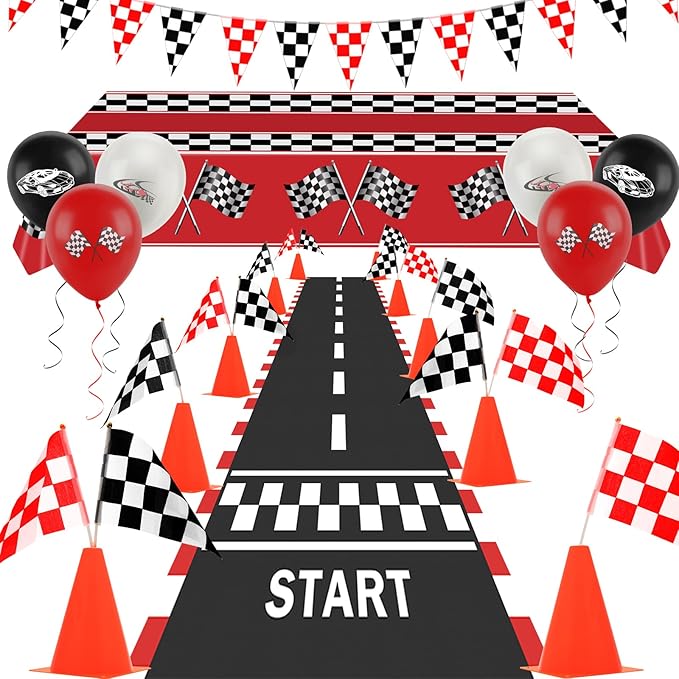 Race Car Party Decorations, Checkered Flag Party Supplies-12 Traffic Cones and 24 Racing Checkered Flags, 6.5Ft Racetrack Floor Runner and 9.8ft Banner, Tablecloth, Balloons and Ribbons