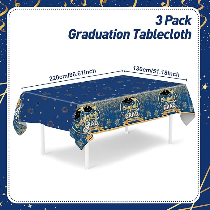 Staraise 3 Pcs Graduation Tablecloth for Graduation Decorations 2026 - Plastic Blue and Gold Congrats Grad Table Cloth,Disposable Graduations Table Cover for 2026 Grad Party Decorations,51.2x86.6inch