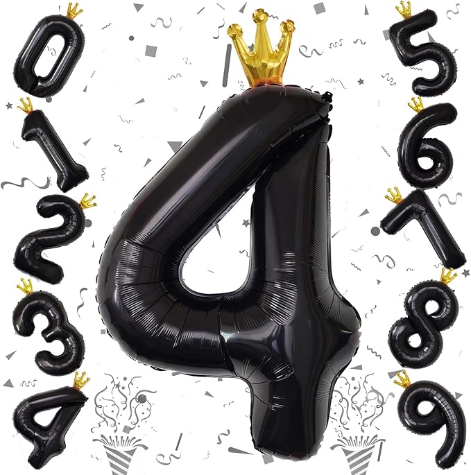 Crown Number Balloons 4 for Kids, Large Black Number Balloon 0-9 Set, Foil Helium Self Inflating 40 Inch Balloons for Girls 4th Birthday Party Decor Anniversary Party Decoration Boys Supplies
