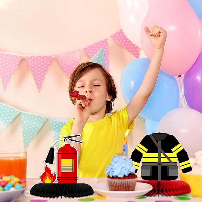 Epakh 10 Pcs Firetruck Birthday Party Decorations Fire Truck Themed Table Supplies Firetruck Honeycomb Centerpieces Fire Truck Plates Firefighter Hat Extinguisher Fireman Party Favor Supplies for Kids
