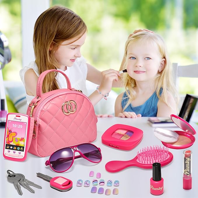 Little Girls Purse, Pretend Play Makeup Kit for Toddler 3-5 4-6, Kids Purses with Accessories, Pink Handbag, Princess Kit and Fake Make up, Toddler Girl Toys Gifts for 3 4 5 6 Year Old