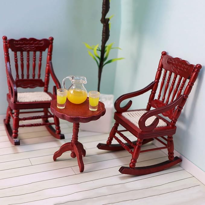 Dollhouse Chairs 2PCS Miniature Rocking Chair 1:12 Scale Wooden FurnitureAccessories Tiny Mini House Home Outdoor Decoration ModelLiving Room Scene Christmas Craft Displays (Red)