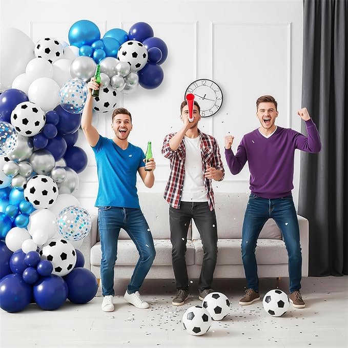 Soccer Party Decorations, Soccer Balloon Arch Kit, Metallic Blue White Silver Navy Blue Balloons Garland with Soccer Print Balloons for Kids Boys Football Sports Theme Baby Shower Party Supplies