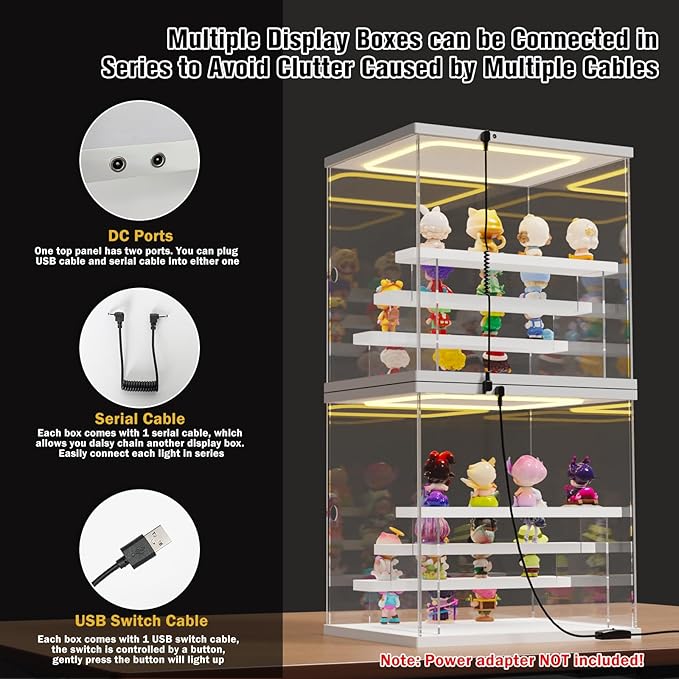 Nynelly Acrylic Lighted Display Case for Collectibles, 4 Tier Figure Display Box with Door and Steps, Assemble Dustproof LED Showcase Storage Box for Mini Figures, Funko Pop, Toys, White