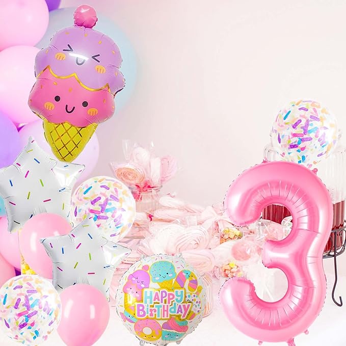 Pink Ice Cream Balloons, 3 Balloon Number, 3rd Birthday Decorations for Girls, Ice Cream Balloon for Girls Birthday Party Decoration (3)