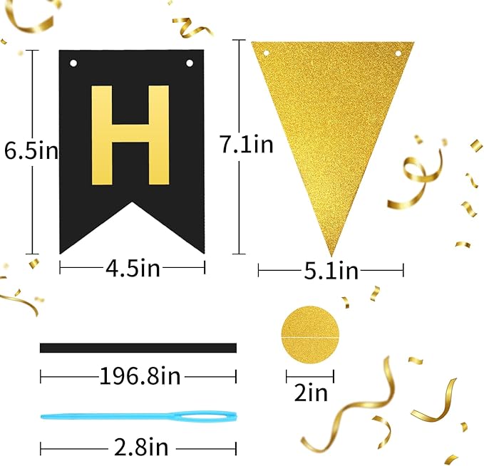Black Gold Happy Birthday Banner, Happy Birthday Decorations Hanging Birthday Sign Circle Dot Triangle Bunting for Women Men Girl Boy Party Supplies