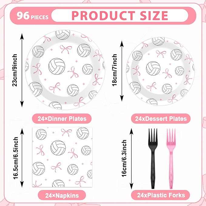 96PCS Volleyball and Bow Party Paper Plates and Napkins for Sports Themed Party Dessert Cake Plates Disposable Decor Pink Bow Volleyball Parties Set for Boys Girls Birthday Gatherings Decorations