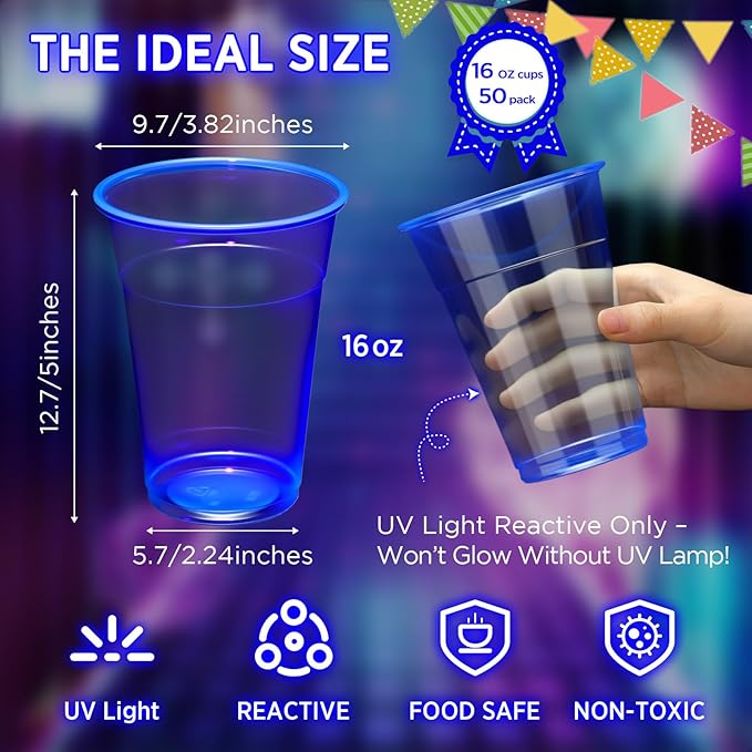 LemonRoad 50 Pack Blacklight Party Glow Cups 16 oz Plastic Neon Cups Disposable Glow in the Dark for Parties Birthdays 80s Themed Events(Multicolor)