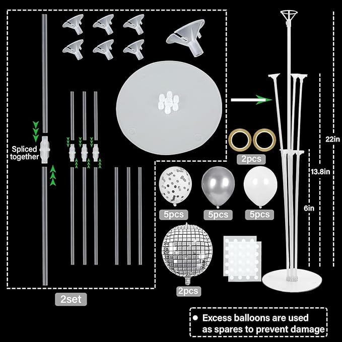 Disco Ball Party Balloons Stand Kit 2 Sets with 2 Silver 4D Discoball Foil Balloon Disco Ball Centerpiece for Tables 70s 80s 90s Dance Themed Birthday Decorations Silver White Party Supplies