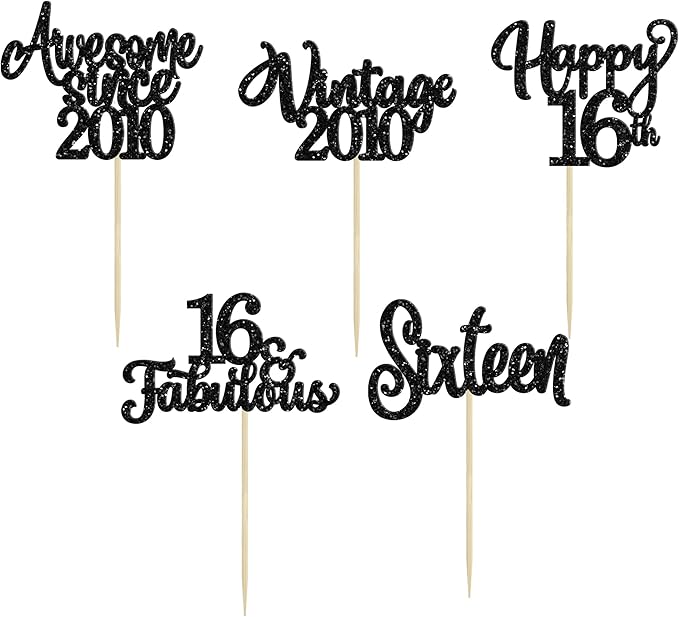 30Pcs Happy 16th Birthday Cupcake Toppers Glitter Sixteen Vintage 2010 Cupcake Picks Cheers to 16 Fabulous Cake Decorations for 16th Birthday Wedding Anniversary Party Supplies Black