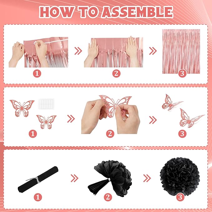 Rose Gold and Black Birthday Decorations for Women Girls, Pearl Rose Gold Black Metallic Printed Balloons Butterfly Stickers Fringe Curtain Happy Birthday Banner Circle Dot Paper Pompom Party Supplies