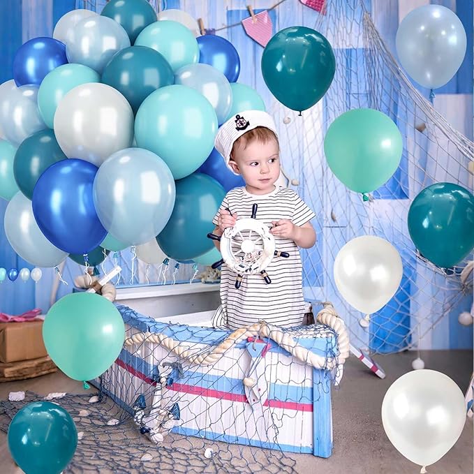 Teal Blue White Balloons 12Inch Under The Sea Balloon Ocean Balloons Turquoise Pearl Metallic Blue and White Latex Balloon for Boys Men Birthday Baby Shower Pool Beach Party Decorations