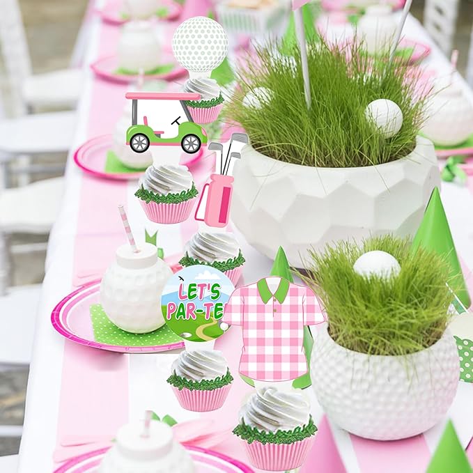 Golf Party Cupcake Toppers Pink Golf Birthday Cake Decorations 48PCS Let's Par-tee Golf Theme Cupcake Toppers Golf Party Supplies for Girls Golf Ball Carts Baby Shower Decor