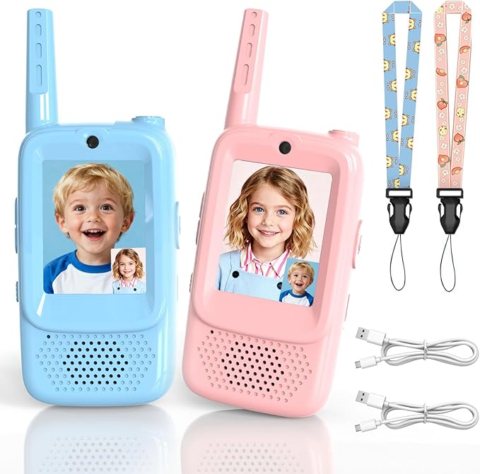 Video Walkie Talkies for Kids, 2 Pack HD Screen Walkie-Talkies for Ages 3–12 with 4 Voice Effects, Long Range, Indoor & Outdoor Toys for Camping, Hiking, Family Games, Great Birthday