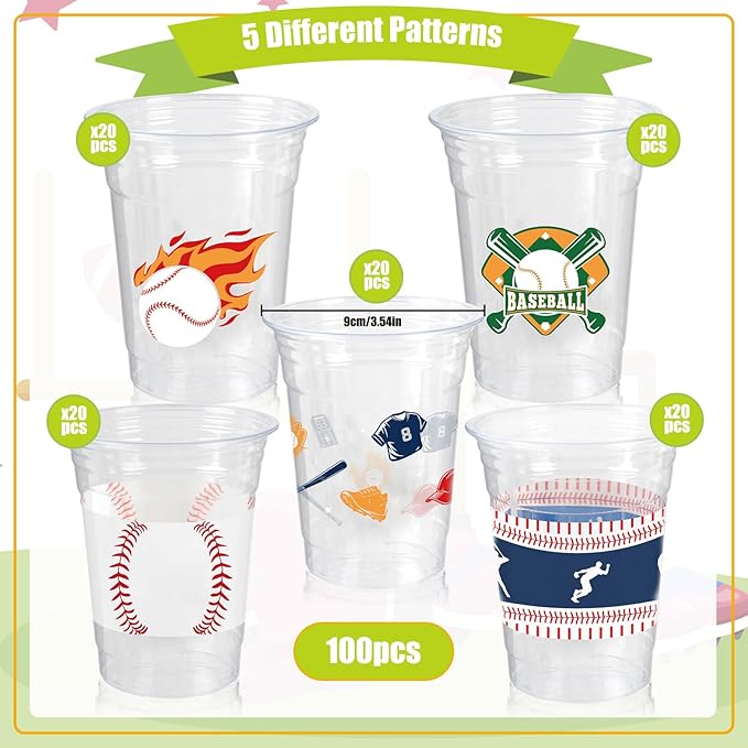 100Pcs Baseball Party Decorations Cups,12OZ Clear Disposable Plastic Drinking Cups For Baseball Theme Birthday Party Decor Supplies