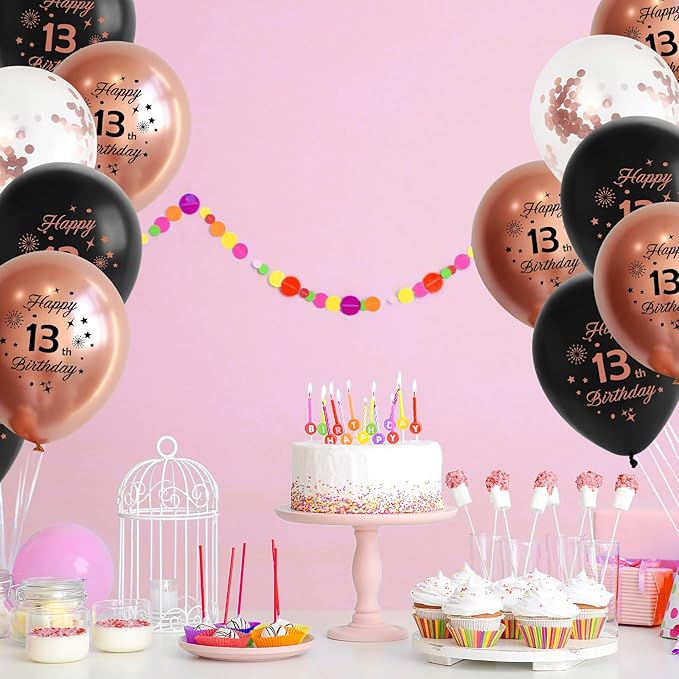 Rose Gold 13th Birthday Balloons for Girls 13th Birthday Party Decorations,12inch 15pcs Rose Gold Black Happy 13th Birthday Balloons, Party Balloons Confetti Balloons for Girls Party Deocorations