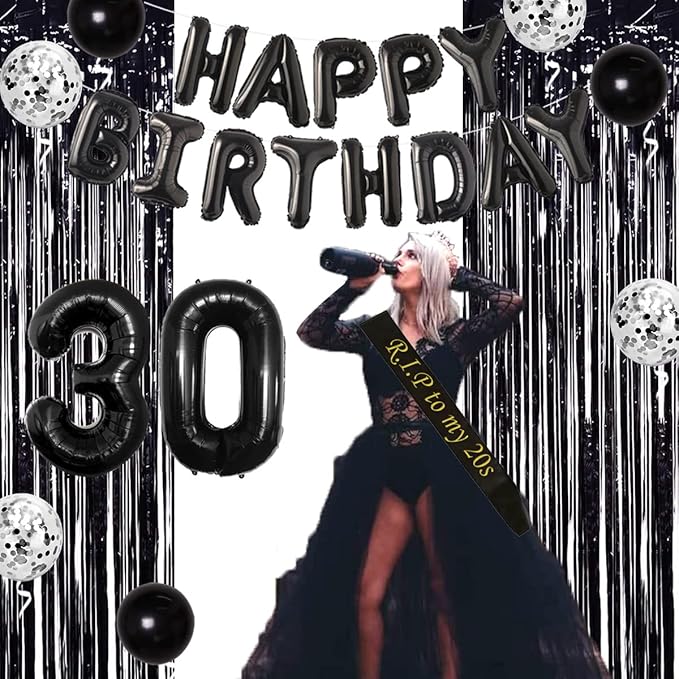 Funmemoir 30th Birthday Decorations for Him Her Black Death to My Twenties Banner Rip to My 20s Sash Number 30 Happy Birthday Balloon Banner Foil Curtain for Funny Thirtieth Party Supplies