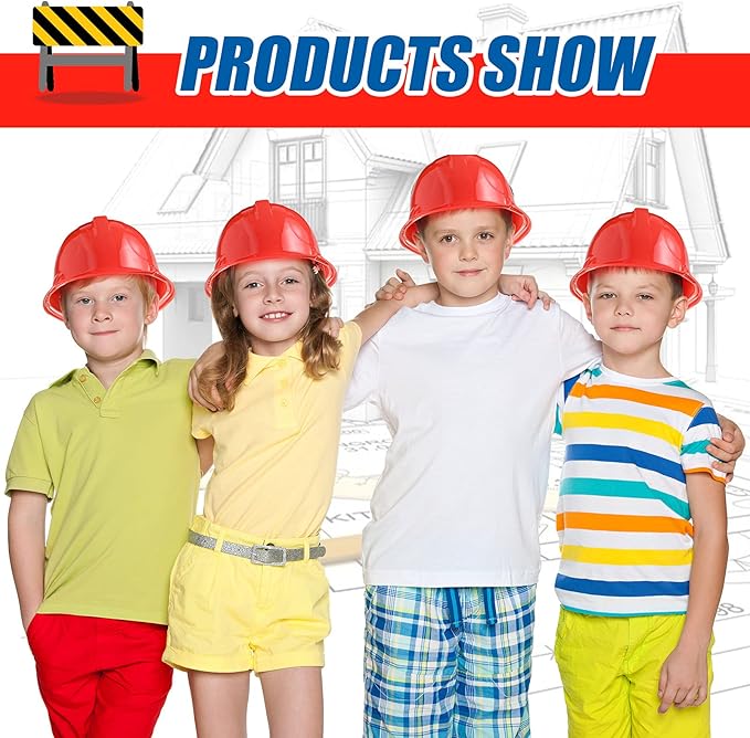 Sumind 48 Packs Construction Party Hats Kids Plastic Worker Helmet Bulk Toy for 3-8 Years Children Dress up Party Supplies(Red)