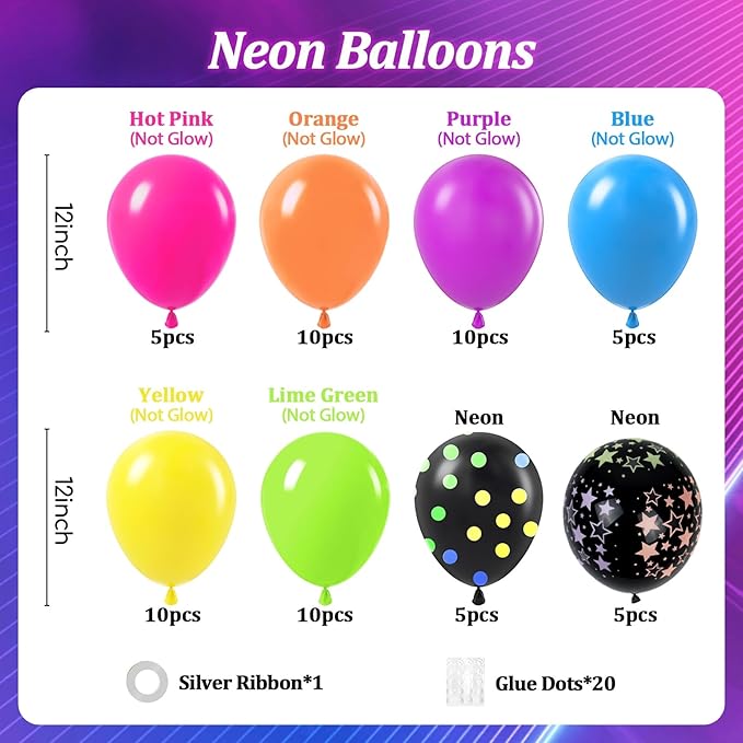 60pcs Neno Balloons 12inch, Yellow Hot Pink Lime Green Orange Blue Purple Rainbow Balloons for 80s 90s Neon Birthday Party Decorations