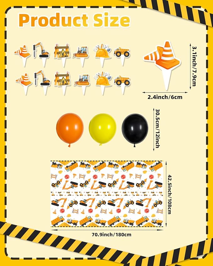 Construction Birthday Party Decorations, Dump Truck Excavator Birthday Party Decorations Construction Themed Balloons, Banner, Backdrop, Tablecloth, Cake Toppers for Boys Kids Party Supplies