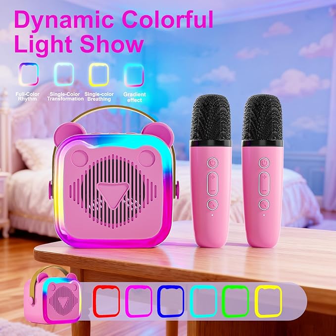 Mini Karaoke Machine for Kids: Portable Singing Toys Speaker with 2 Wireless Microphones for Girls and Boys Ages 3-12+ Years Old（Rose-red）