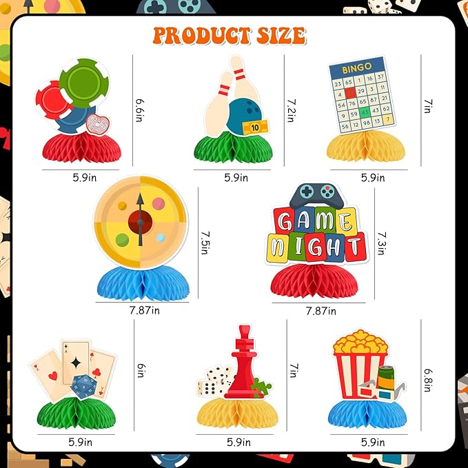 Game Night Decorations, 8pcs Family Game Night Honeycomb Centerpiece Double-sided Printing Gaming Party Table Decorations for Game Night Bingo Party Supplies
