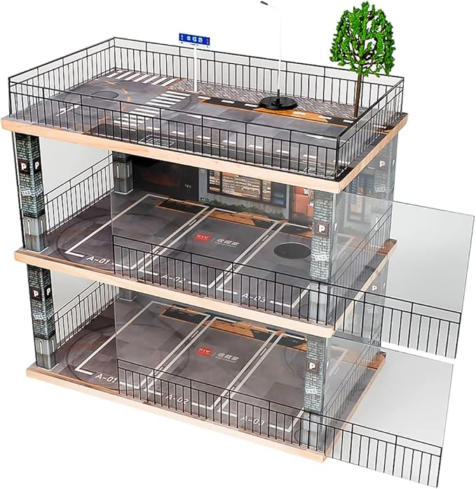 1:24 Scale Car Model Display Case with Parking Lot Scene for Sports Car and Lego Collectors, Display Stand for Alloy Car Model Toy with Light (3-Tiers Coffee Shop Parking Lot)