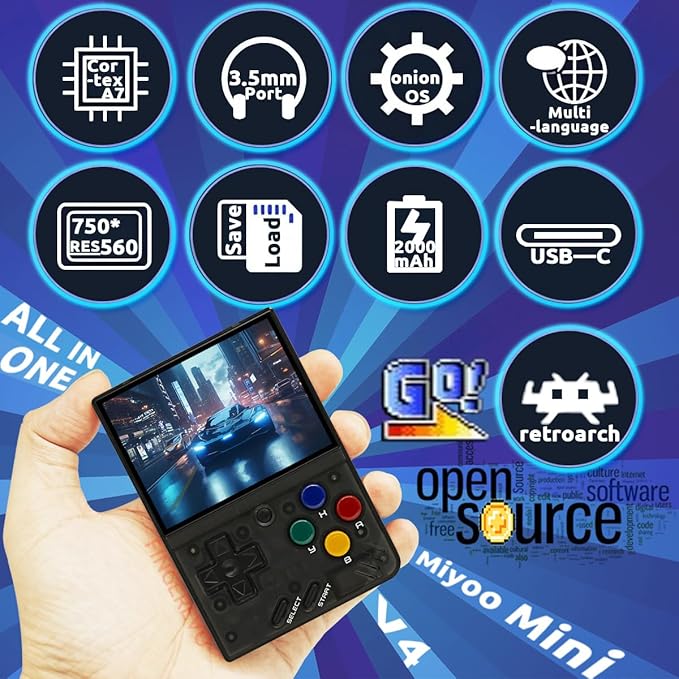 Miyoo Mini V4 OnionOS Handheld Game Console 2.8-inch 750*560 IPS Screen Miyoo-mini v4 Onion-System with Portable Case T-Black