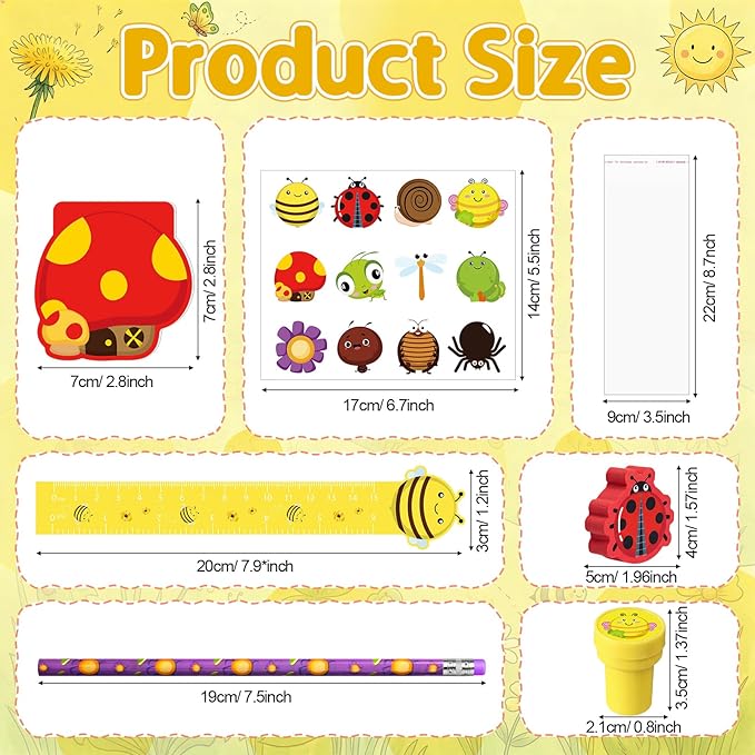 168 Pcs Insect Party Favors Set Bee Ladybug Frog Snail Mushroom Flower Theme Stationery Kit with Pencils Notepads Stampers Rulers Erasers Stickers Gift Bags Bug Party Supplies for Birthday