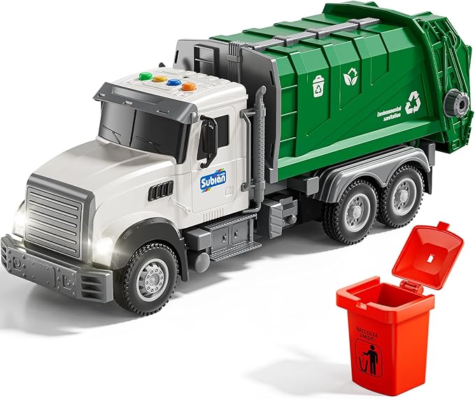 Kids Garbage Truck Toy Friction Powered Waste Management Garbage Recycling Truck with Lights, Sounds, 3 Rear Loader Trash Bins, Gifts for 3 4 5 6 7 8 Years Old Boys Girls