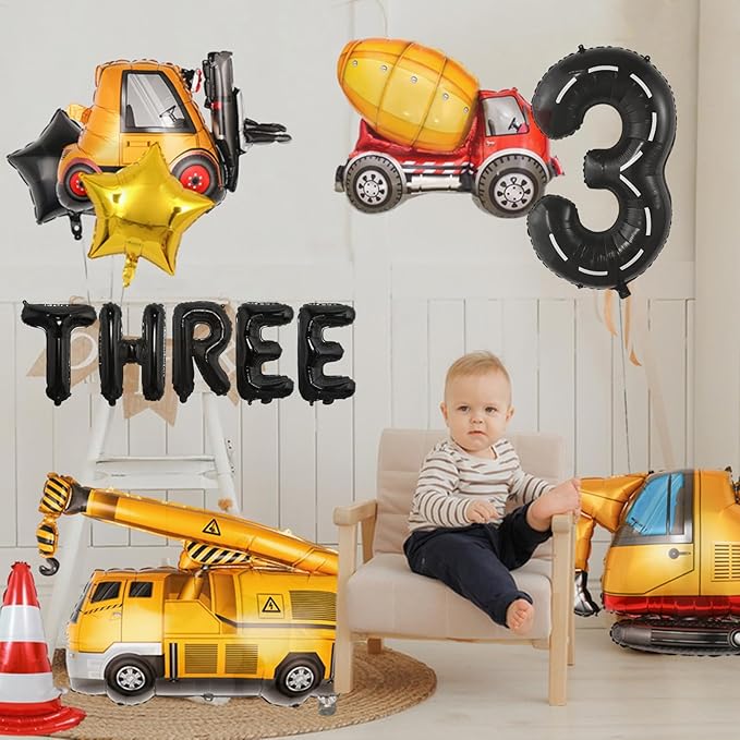15pcs Construction Theme Birthday Party Decorations, Number 3 Large Construction Truck Traffic Cones Foil Balloon, 3rd Boy Birthday Party Decoration Supplies (3rd)