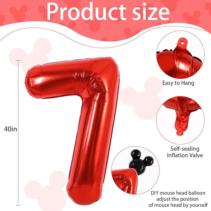 Vuzvuv 40 Inch Mouse Number Balloon No.7, Black Mouse Head Balloon and Red Giant Giant Number Seven Balloon for Birthday, Mouse Theme Party Supplies, Baby Shower,Anniversary Decoration