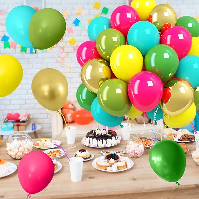 Tropical Balloons Kit,12 Inch Hawaiian Balloons Hot Pink Orange Teal Green Metallic Gold Latex Colorful Balloon for Baby Shower Summer Birthday Party Decorations