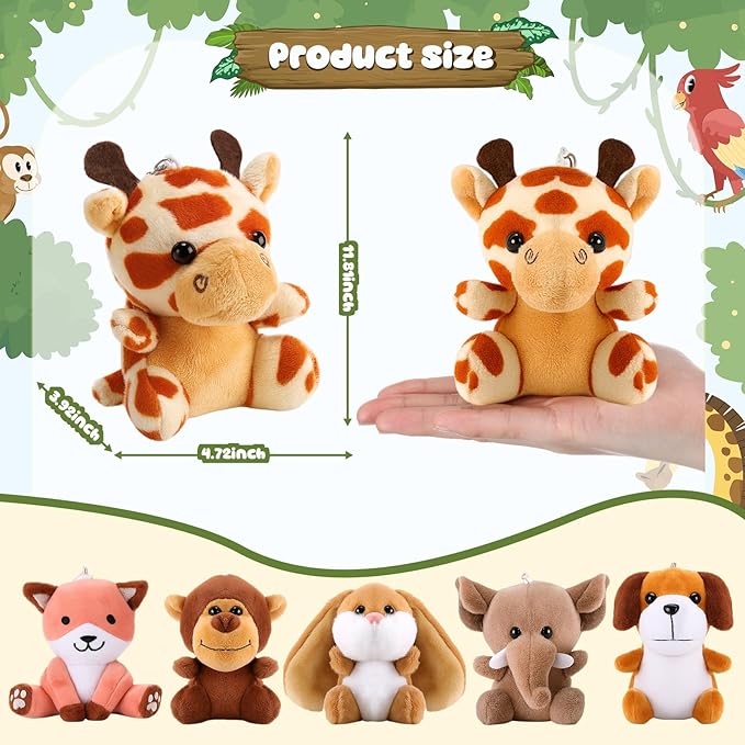 Skylety 12pcs Mini Safari Stuff Animal 3.9 Inch Cute Jungle Stuffed Animal Lion Rabbit Owl Hedgehog Monkey Tiger Zebra Elephant Leopard Hippopotamus Rhinoceros for Easter Holiday Gifts