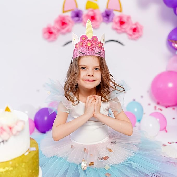 24 Pcs Unicorn Birthday Party Hats Paper Party Crown Unicorn Headbands for Boys Girls, Princess Dress up Theme Decorations Birthday Favors Supplies Headbands