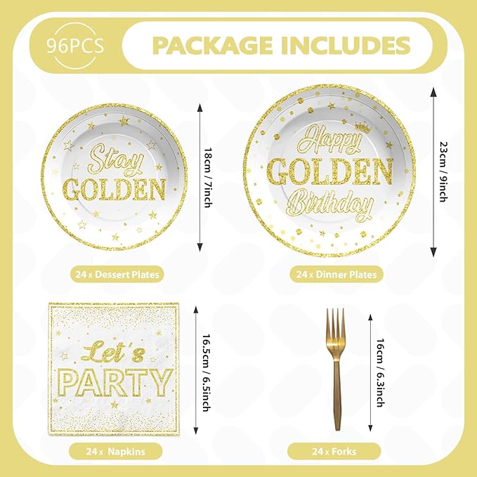 96Pcs Happy Golden Birthday Party Decorations White Gold Plates and Napkins Gold Glitter Disposable Paper Plates Tableware Set for Women Men Happy Birthday Baby Shower Party Supplies Serves 24