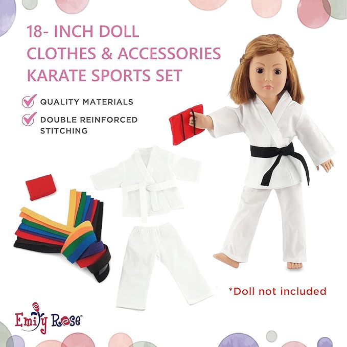 Emily Rose 18 Inch Doll Karate Outfit – 11 Pc Martial Arts Taekwondo Doll Clothes & Accessories Set with 9 Ranking Belts, Gi Uniform, Kick Pad, Gift Boxed from Trusted USA Brand (No Doll)